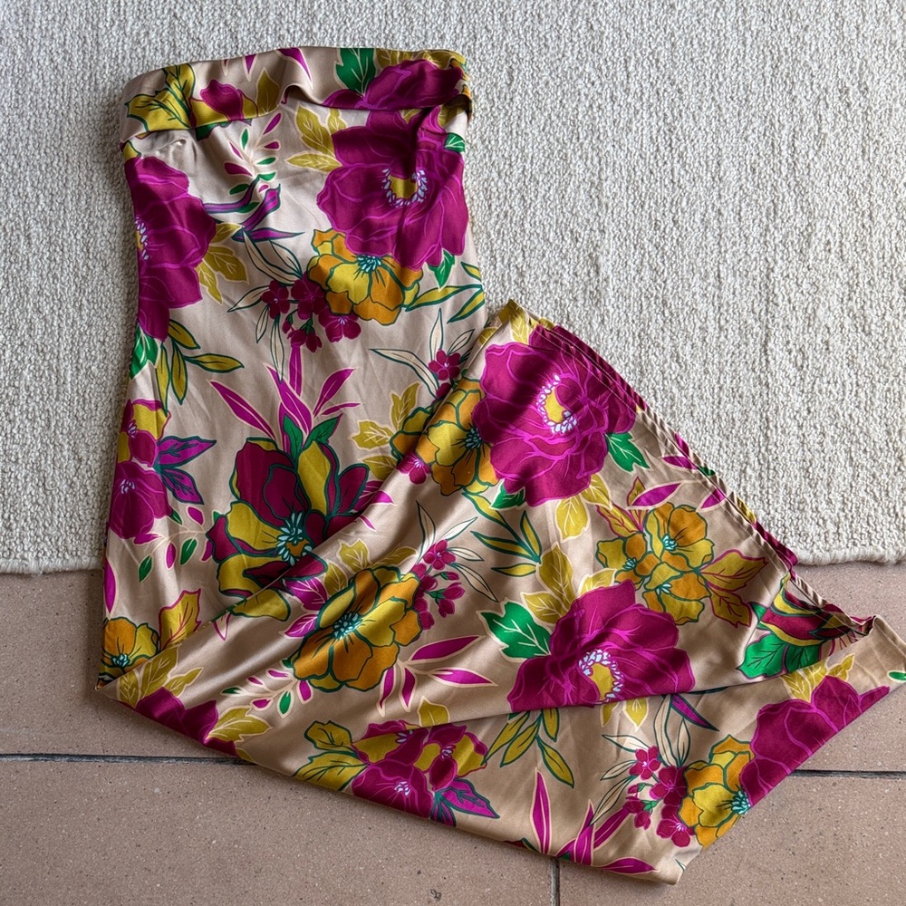 Sincerely Jules Strapless Floral Dress in Beige, Magenta & Yellow
